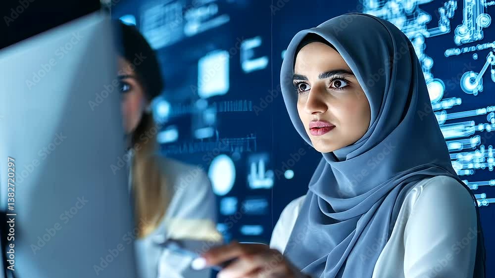 Poster a stock photo of a hijabi teacher and student in a contemporary office space, collaborating on a com