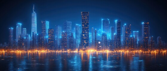 Futuristic Cityscape at Night:  A Vibrant Metropolis Reflected in Calm Waters
