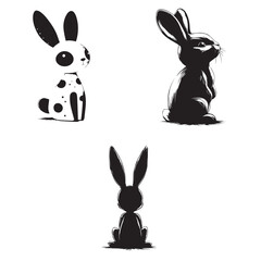 Fototapeta premium set of three pictures of cute hare figurines, black and white, white background, vector, graphics 