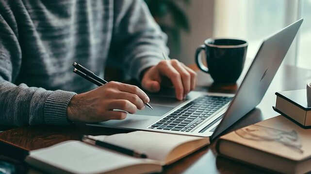 A Muslim mentor and student in an elegant home study, working together on a laptop. Books, pens, and a coffee mug are placed on the desk, creating a studious ambiance. Minimalist a