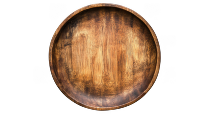 Overhead shot of an empty round wooden bowl with visible wood grain on a transparent background studio shot