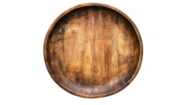 Overhead shot of an empty round wooden bowl with visible wood grain on a transparent background studio shot