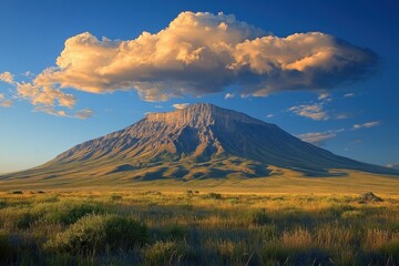 Obraz premium Majestic mountain rises under bright clouds in the golden hour of daylight