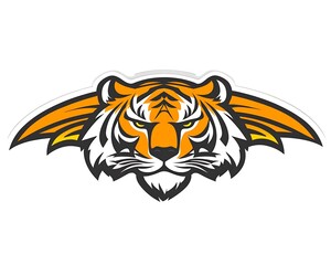 An illustrated graphic of a tiger head with wings