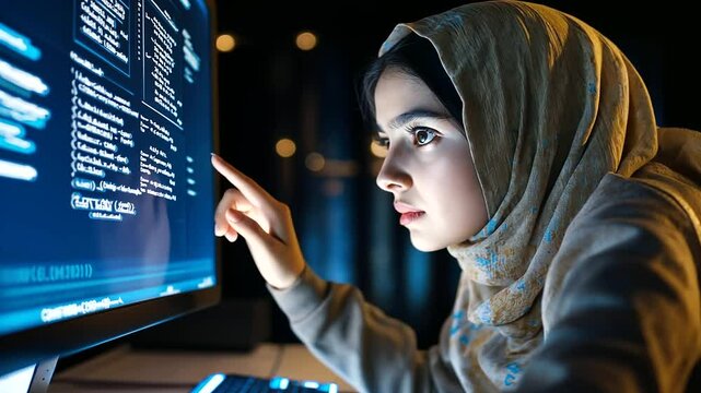 A warm and inviting study space where a Muslim female teacher guides her student, their faces illuminated by the computer screen. The student asks a question while pointing at the