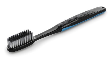 A close up image showing a black and blue toothbrush