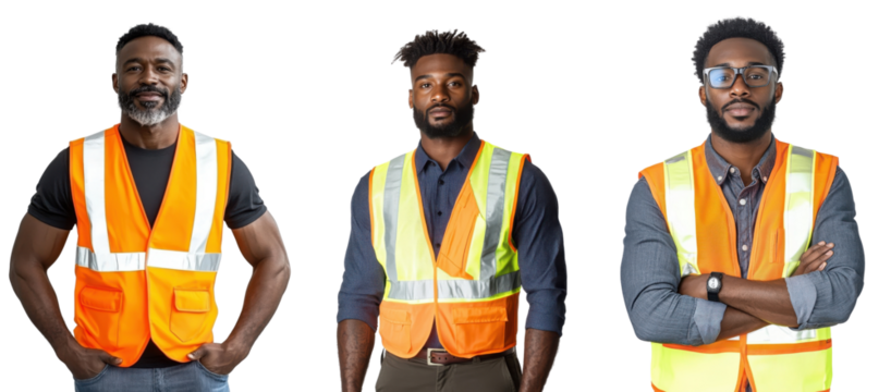 Portrait of a Black man wearing a reflective safety vest, isolate on white background. Mix Collection Png.
