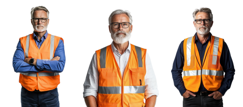 Portrait of a senior man wearing a reflective safety vest, isolate on white background. Mix Collection Png. - Powered by Adobe