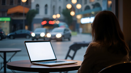 A woman sits at a table in a cafe, her laptop open in front of her. The screen of her computer is white, and the view from behind her back shows the city street lights outside the window.