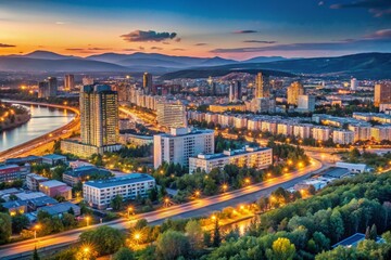 Fototapeta premium Krasnoyarsk Cityscape: Panoramic Evening View of Right Bank & Mountains