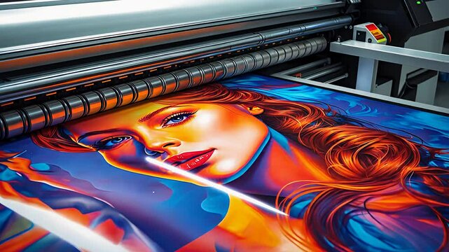 High-resolution digital art printing on large format printer with vibrant colors and detailed female portrait output

