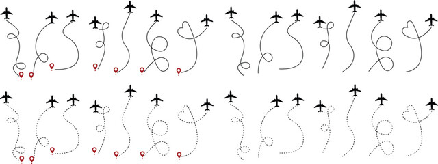 Airplane line paths icon set. Aircraft tracking planes, travel, map pins, location pins vector collection isolated on transparent background. Romantic travel, heart dashed line trace and plane routes.
