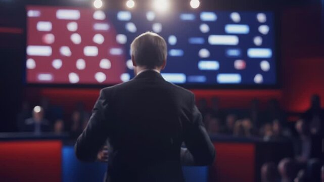 A closeup of the moderator an experienced journalist midsentence gesturing emphatically to encourage dialogue. The backdrop features a large screen displaying realtime social media