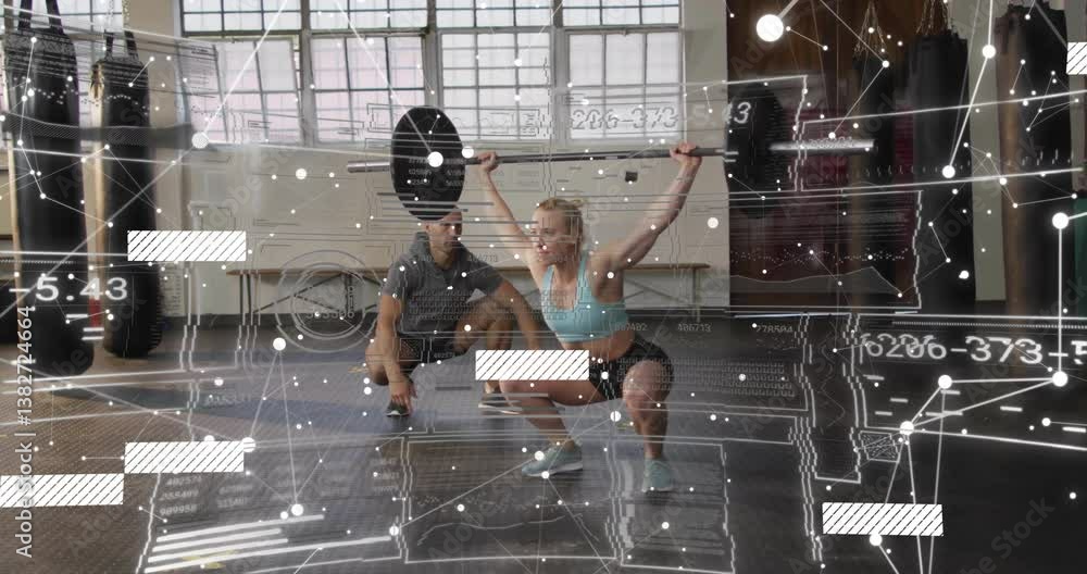 Poster woman lifting weights in gym with data processing animation overlay
