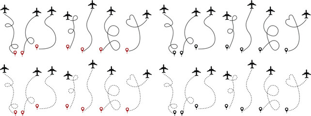 Airplane line paths icon set. Aircraft tracking planes, travel, map pins, location pins vector collection isolated on transparent background. Romantic travel, heart dashed line trace and plane routes.