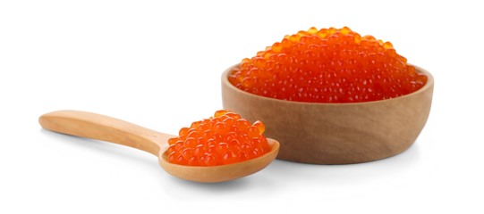 Orange fish roe in the small wooden spoon and bowl isolated background, Orange Tobiko Fish Roe