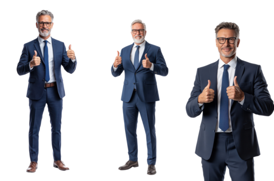 Full body of a senior man in a business suit showing a thumbs up, isolate on white background. Set Collection Png.