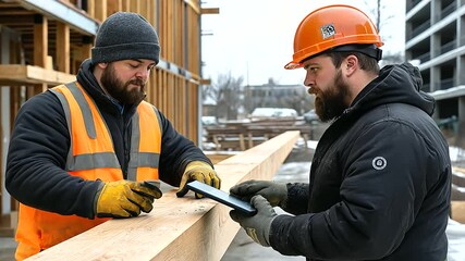 A construction worker in rugged work gear and gloves carefully measures a wooden beam while a project manager observes and takes notes on a digital tablet.