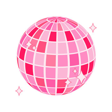 Pink disco ball isolated. Shiny glass globe for retro style party. Vector nostalgic illustration, y2k style
