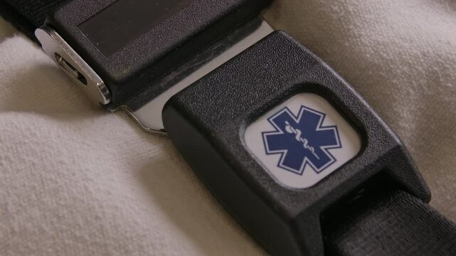 Rack focus to a belt in the back of an ambulance