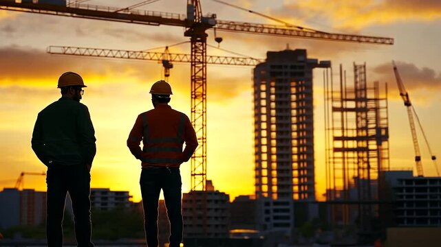 The golden hour casts warm light on a construction worker and a manager reviewing site progress, with cranes and unfinished buildings forming the backdrop.