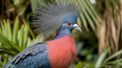 Obraz premium Close-up portrait of a Victoria Crowned Pigeon, showcasing its delicate lace-like blue crest and deep red eyes.