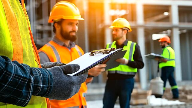 A close-up of a rugged construction worker&rsquo;s gloved hands adjusting a steel framework, while a project manager observes and takes notes on a clipboard.