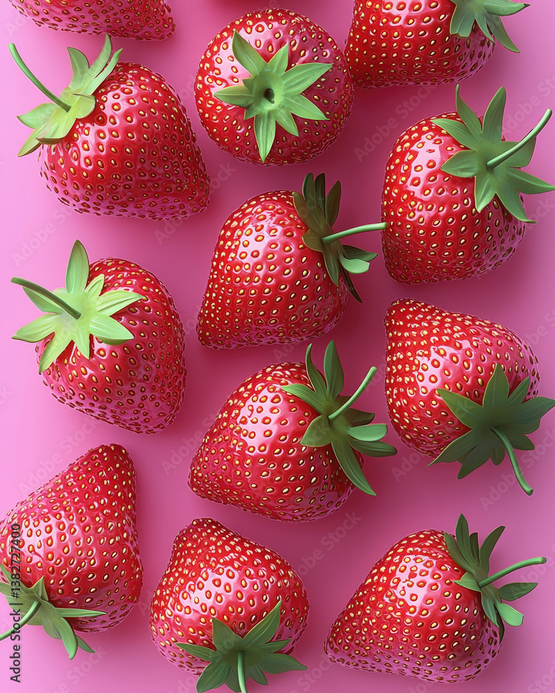 Poster fresh strawberries arranged on vibrant pink background create visually appealing and colorful displa