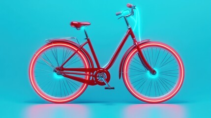 Fototapeta premium Red bicycle, neon glow, blue background, transport
