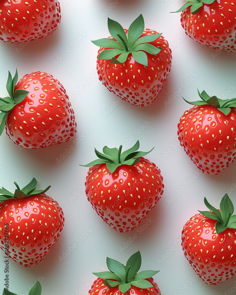 Poster fresh strawberries arranged in vibrant pattern, showcasing their bright red color and green leaves. 