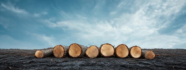 Logs Cut from Trees with Blue Sky and Cloudy Background