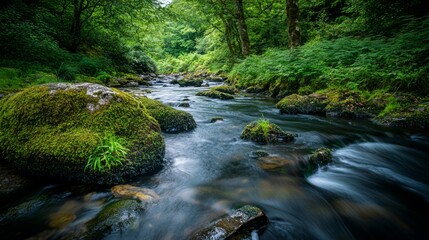 A tranquil river flows through a lush green forest. The scenery captures the essence of peace and nature. Perfect for relaxation and inspiration. Generative AI