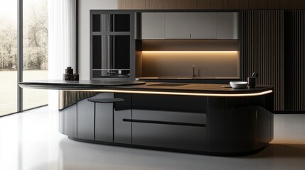 Modern Luxury Kitchen Island Design: Sleek Black, Marble Accents, and Warm Lighting