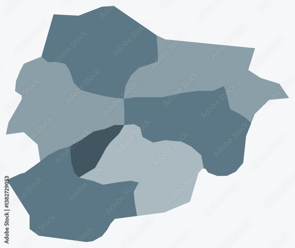 Poster map of andorra with regions. just a simple country border map with region division. blue grey color 