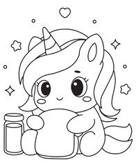 Coloring book  unicorn eating a sandwich, with a jar, hearts, stars, and sparkles around