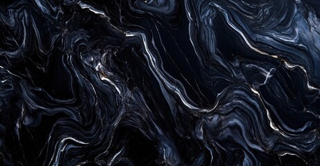 Fototapeta premium A striking abstract pattern of swirling black and blue marble with white veins, creating a dramatic and elegant visual effect.