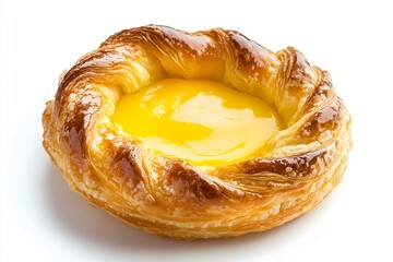 A flaky puff pastry with a lemon curd filling isolated on a white background