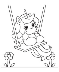 Coloring book unicorn on a swing, with flowers below. Fun line art for coloring