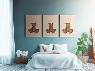 Cozy bedroom with bear artwork and soft decor in a calming color palette