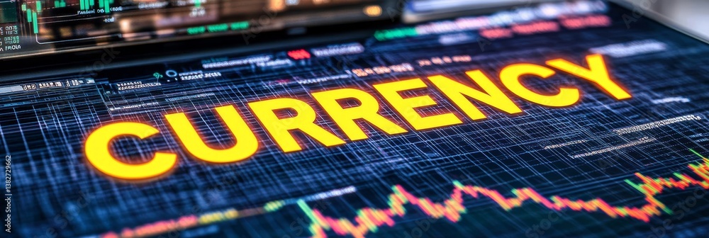Poster glowing currency sign and financial chart with candlestick graph on digital background