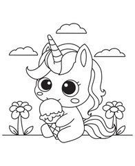 Coloring book unicorn eating an ice cream cone, sitting between flowers under a cloudy sky.