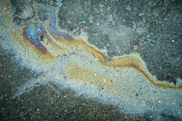 Fototapeta premium Colorful Oil Slick Patterns on Asphalt After Rain Create a Striking Visual Contrast in an Urban Environment.