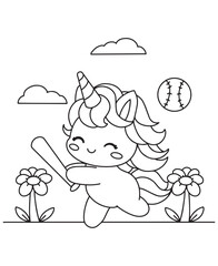 Coloring book unicorn playing baseball, holding a bat, with a baseball, flowers, and clouds around