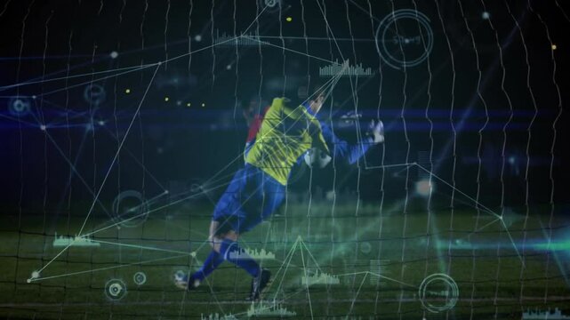 Kicking soccer ball, player with animation of digital data and graphs in school - Powered by Adobe