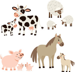 Set of vector illustrations with farm animals in whimsical style. Pigs, cows, horses, and sheep on white background. Cute and playful rural-themed drawings for kids and design projects.