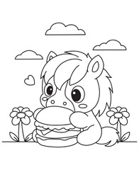 Coloring book pony eating a burger, sitting between flowers under a cloudy sky with a heart