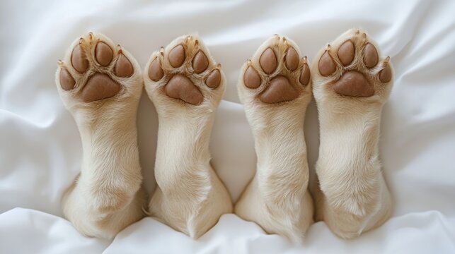 Four adorable puppy paws on white sheets