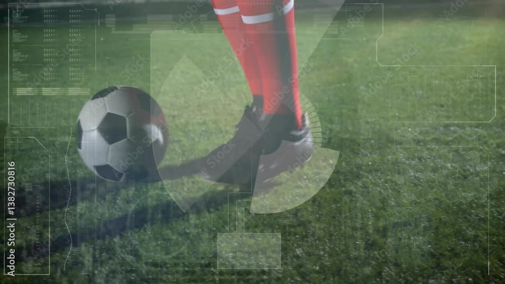 Poster soccer player kicking ball with digital data processing animation overlay