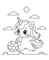 Coloring book unicorn playing soccer, with a soccer ball, clouds, and a sun above