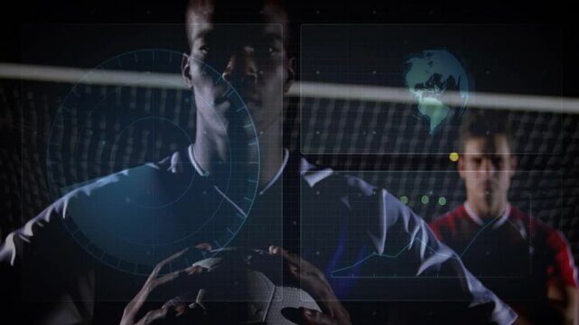 Holding soccer ball, players with digital data and animation in school setting - Powered by Adobe
